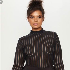 PLT Black Burn Out Striped Mesh Bodysuit.
